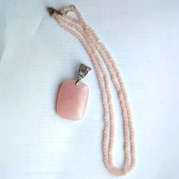 Genuine Roze quartz heavy multi strand necklace and silver pendant 2 x 1.5." - Picture 2 of 6
